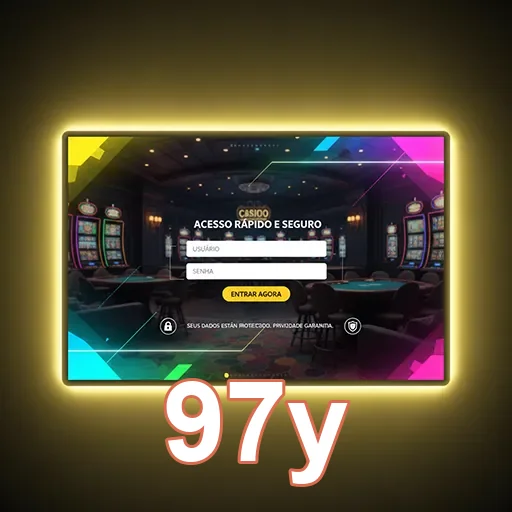 Tela de login da 97y com cassino e slots ao fundo.
