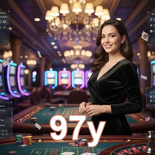 Jogadora sorridente em cassino online do 97y, com fichas e cartas.