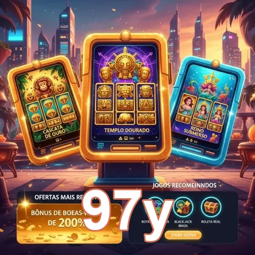Aplicativo da 97y exibindo jogos e segurança em saques VIP.