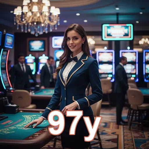 Atendente da 97y em cassino com mesas e slots visíveis.
