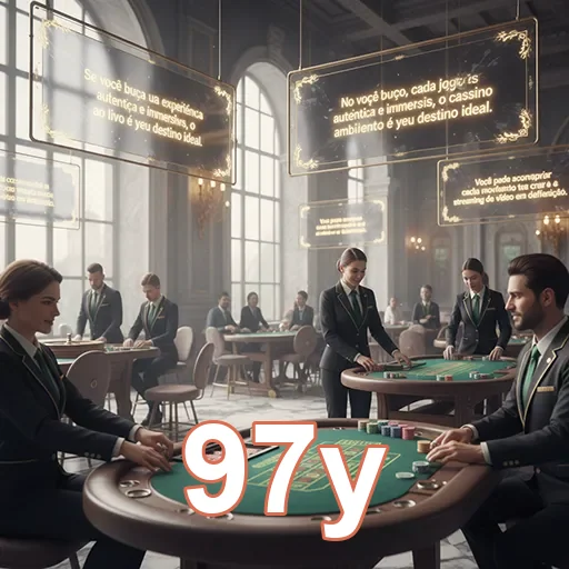 Cenário de cassino da 97y com jogadores e dealers trabalhando.