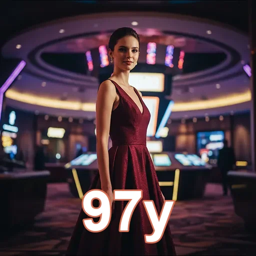 Jogadora elegante em cassino da 97y, destacando slots.