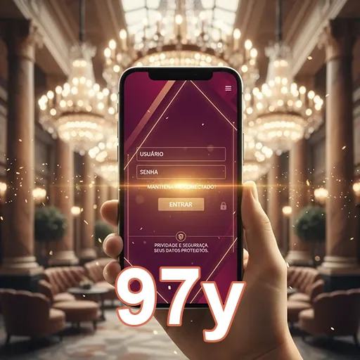 Tela de login da 97y em celular em ambiente luxuoso.