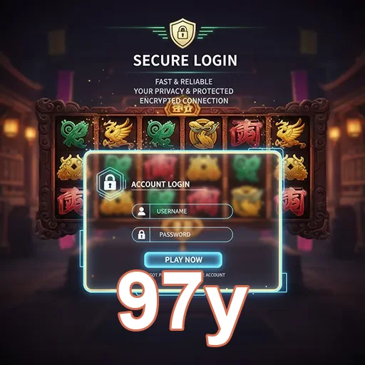 Tela de login seguro do site 97y com slots em fundo.