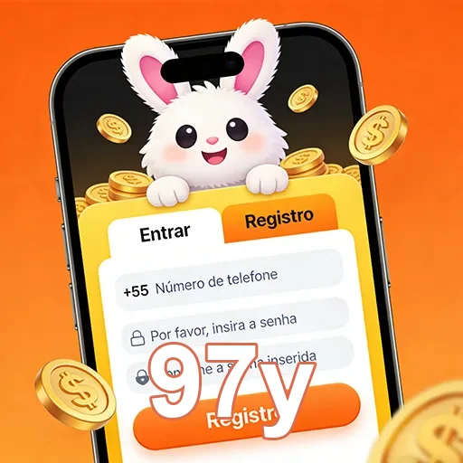 Tela de registro da 97y com um coelho e moedas.